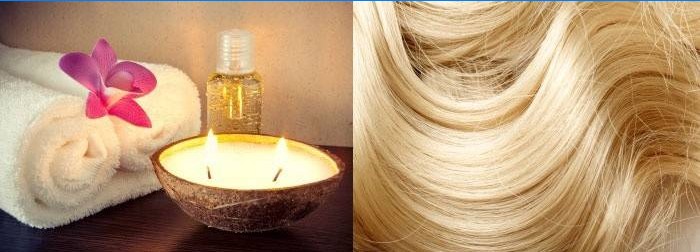 Blond vlasy, ručníky, svíčka a olej