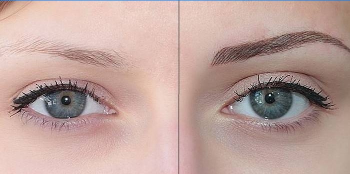 Dívčí oči před a po permanentním make-upu na obočí