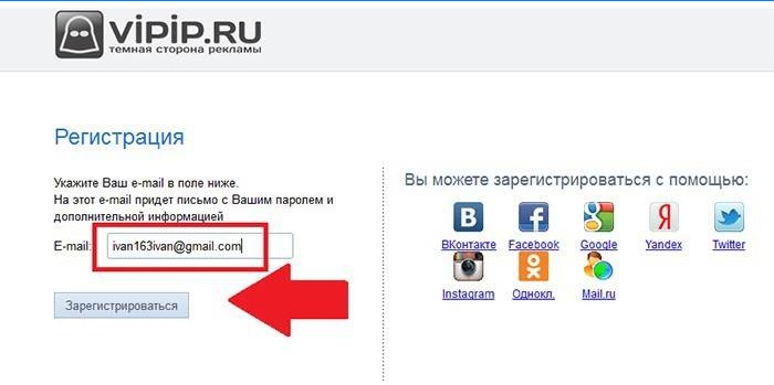 Stránka registrace stránek Vipip.ru