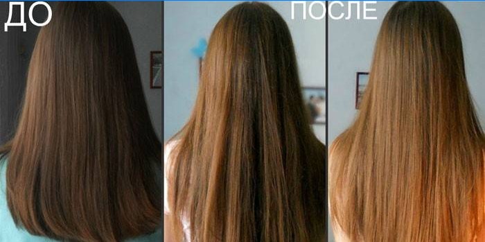 Vlasy před a po vyčeření heřmánkovým vývarem