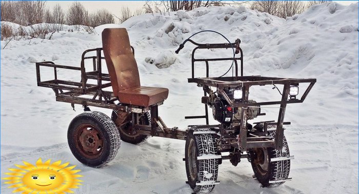 Sněžný skútr na kolech z traktoru s vlastním pohonem