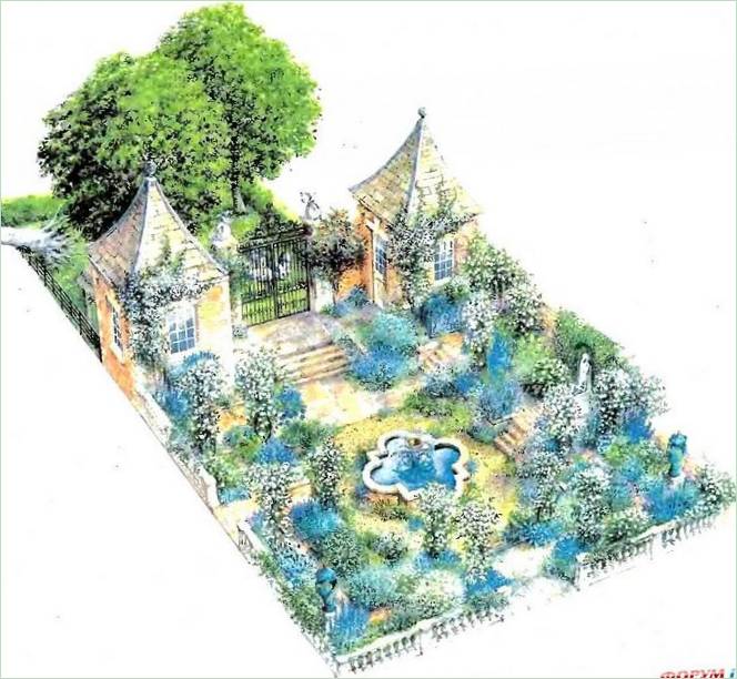 Anglická modrá zahrada navržená Rupertem Golbym