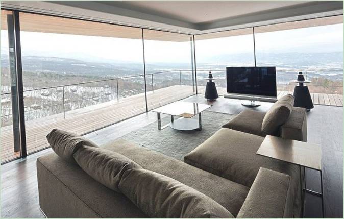 Návrh interiéru obývacího pokoje s panoramatickými okny