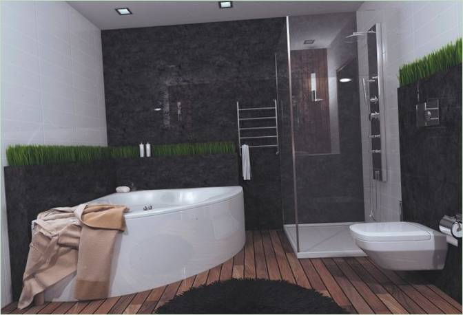 Bílá rohová vana, skleněný sprchový kout a bílé WC v ekologickém bytě v Bělorusku