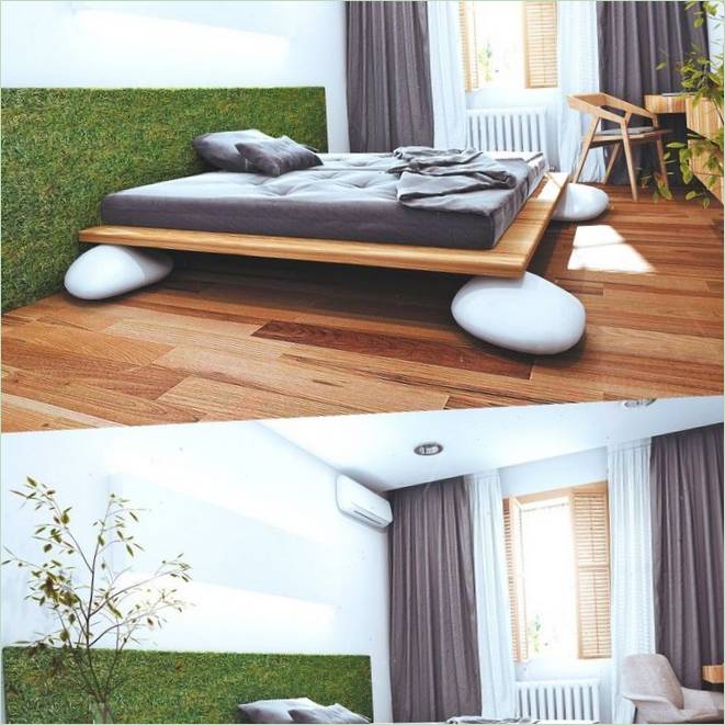 Originální balvanová postel v ekologickém bytě v Bělorusku