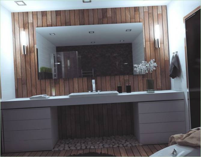 Interiér koupelny se dřevem a mořskými kameny v ekologickém bytě v Bělorusku