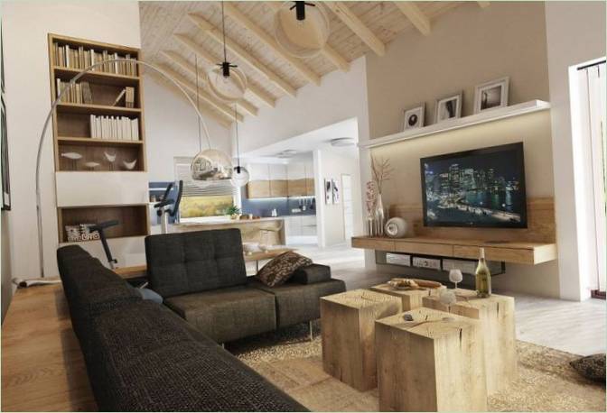 Návrh interiéru obývacího pokoje venkovského domu v České republice