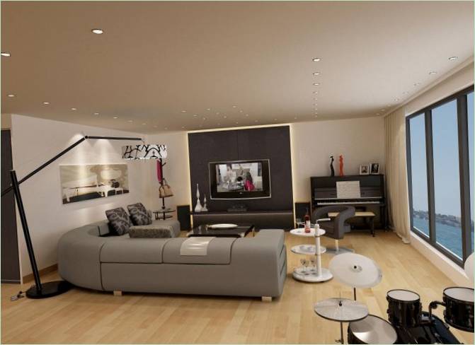 Moderní obývací pokoj s panoramatickými okny