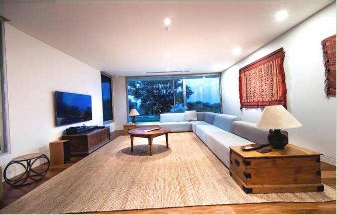 Návrh interiéru obývacího pokoje s panoramatickými okny